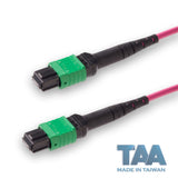 TAA Compliant | 8-Fiber Low Loss Non-Pinned MPO/APC to Non-Pinned MPO/APC Jumper | Corning® ClearCurve® OM4 Multimode Optical Fiber | Type B, Green MPO-12 Connectors, Magenta Cable Jacket | OFNR Jacket