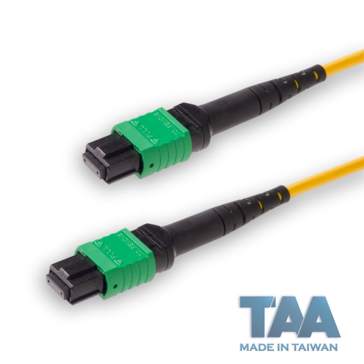TAA Compliant | 12-Fiber Low Loss Non-Pinned MPO/APC to Non-Pinned MPO/APC Jumper | Corning® SMF-28® Ultra Single-mode Optical Fiber | OS1/OS2 Compatible | Type A, Green MPO Connectors, Yellow Cable Jacket | OFNP Jacket