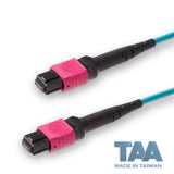 TAA Compliant | 12-Fiber Low Loss Non-Pinned MPO/UPC to Non-Pinned MPO/UPC Jumper | Corning® ClearCurve® OM4 Multimode Optical Fiber | Type A, Magenta MPO Connectors, Aqua Cable Jacket | OFNR Jacket
