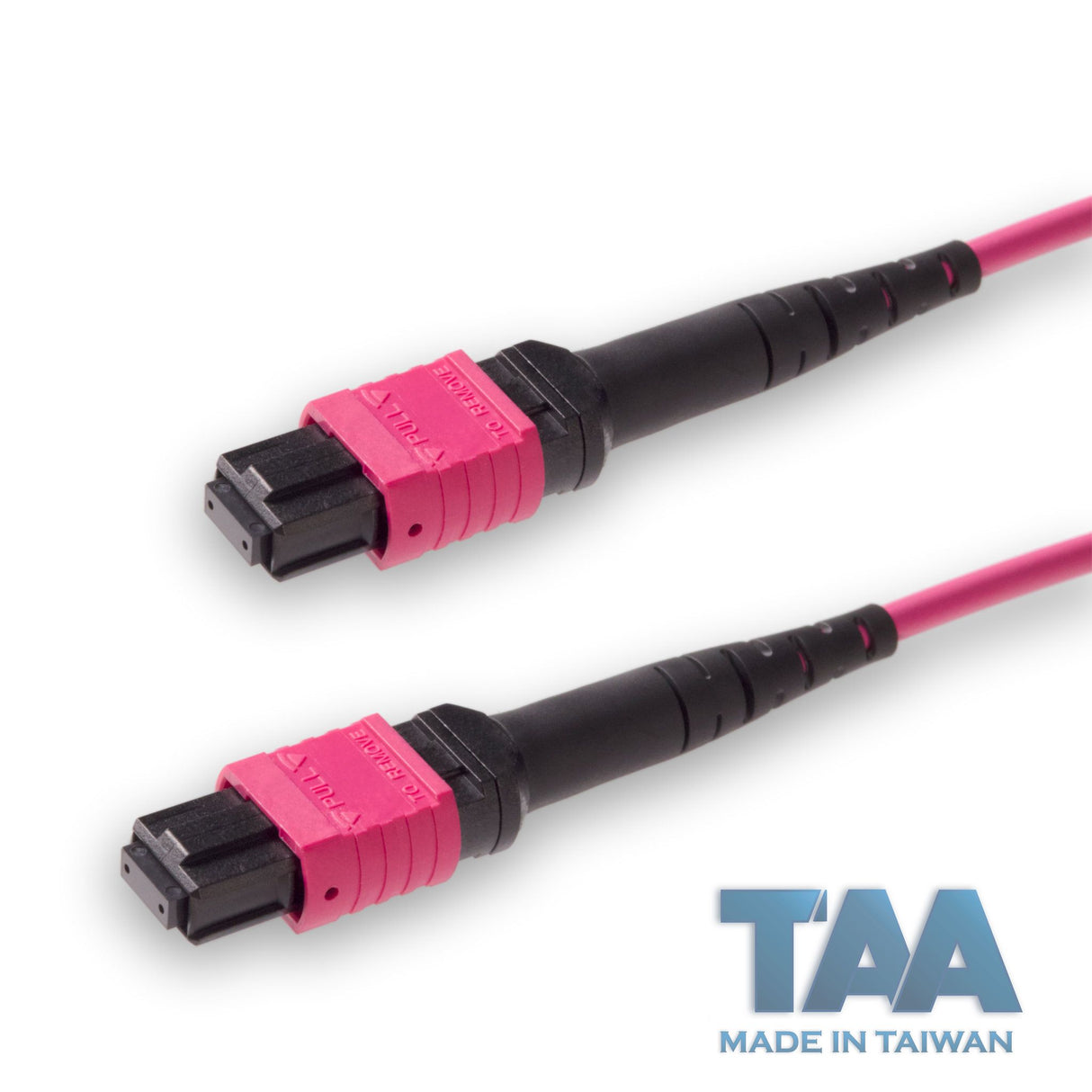 TAA Compliant | 12-Fiber Low Loss Non-Pinned MPO/UPC to Non-Pinned MPO/UPC Jumper | Corning® ClearCurve® OM4 Multimode Optical Fiber | Type B, Magenta MPO Connectors, Magenta Cable Jacket | OFNR Jacket