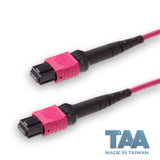TAA Compliant | 12-Fiber Low Loss Non-Pinned MPO/UPC to Non-Pinned MPO/UPC Jumper | Corning® ClearCurve® OM4 Multimode Optical Fiber | Type B, Magenta MPO Connectors, Magenta Cable Jacket | OFNR Jacket