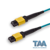 TAA Compliant | 8-Fiber Low Loss Non-Pinned MPO/APC to Non-Pinned MPO/APC Jumper | Corning® ClearCurve® OM4 Multimode Optical Fiber | Type B, Yellow MPO-12 Connectors, Aqua Cable Jacket | OFNR Jacket