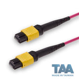 TAA Compliant | 8-Fiber Low Loss Non-Pinned MPO/APC to Non-Pinned MPO/APC Jumper | Corning® ClearCurve® OM4 Multimode Optical Fiber | Type B, Yellow MPO-12 Connectors, Magenta Cable Jacket | OFNR Jacket