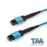 TAA Compliant | 12-Fiber Low Loss Pinned MPO/UPC to Non-Pinned MPO/UPC Jumper | Corning® ClearCurve® OM4 Multimode Optical Fiber | Type B, Aqua MPO Connectors, Aqua Cable Jacket | OFNR Jacket