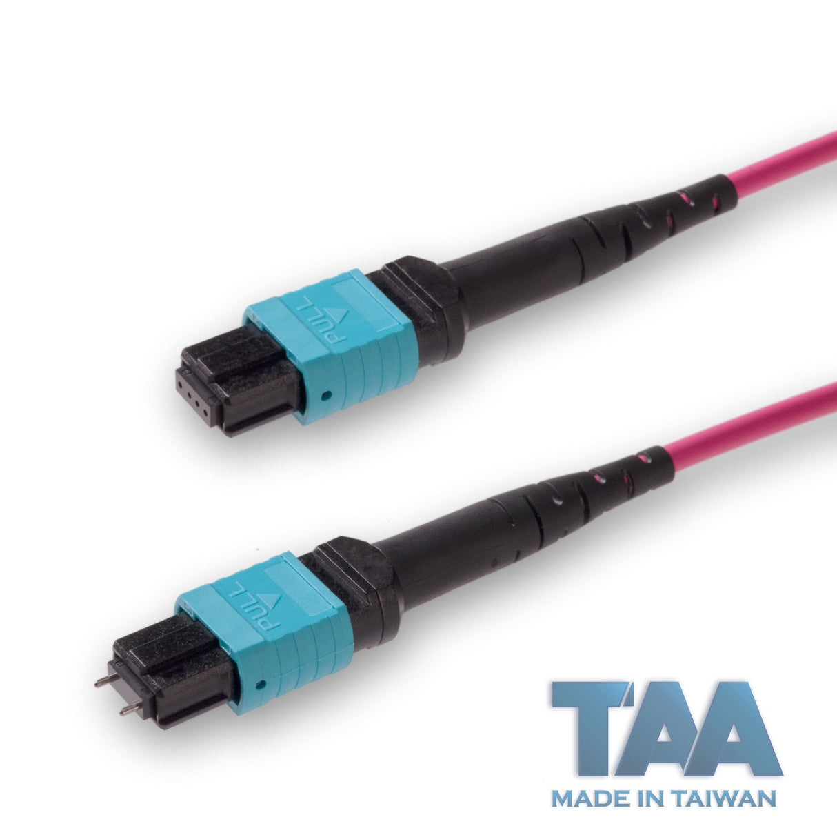 TAA Compliant | 12-Fiber Low Loss Pinned MPO/UPC to Non-Pinned MPO/UPC Jumper | Corning® ClearCurve® OM4 Multimode Optical Fiber | Type B, Aqua MPO Connectors, Magenta Cable Jacket | OFNR Jacket