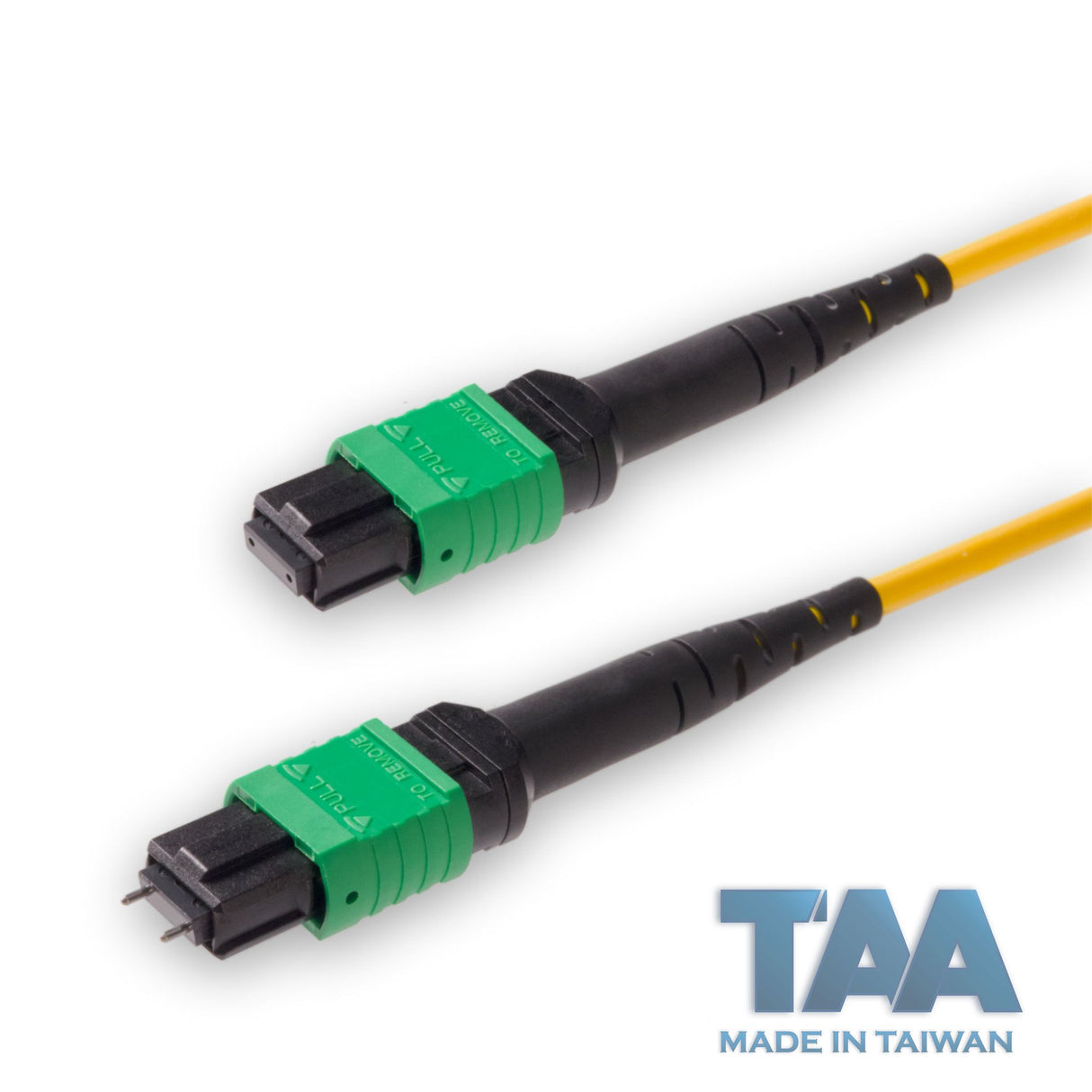TAA Compliant | 12-Fiber Low Loss Pinned MPO/APC to Non-Pinned MPO/APC Jumper | Corning® SMF-28® Ultra Single-mode Optical Fiber | OS1/OS2 Compatible | Type A, Green MPO Connectors, Yellow Cable Jacket | OFNP Jacket