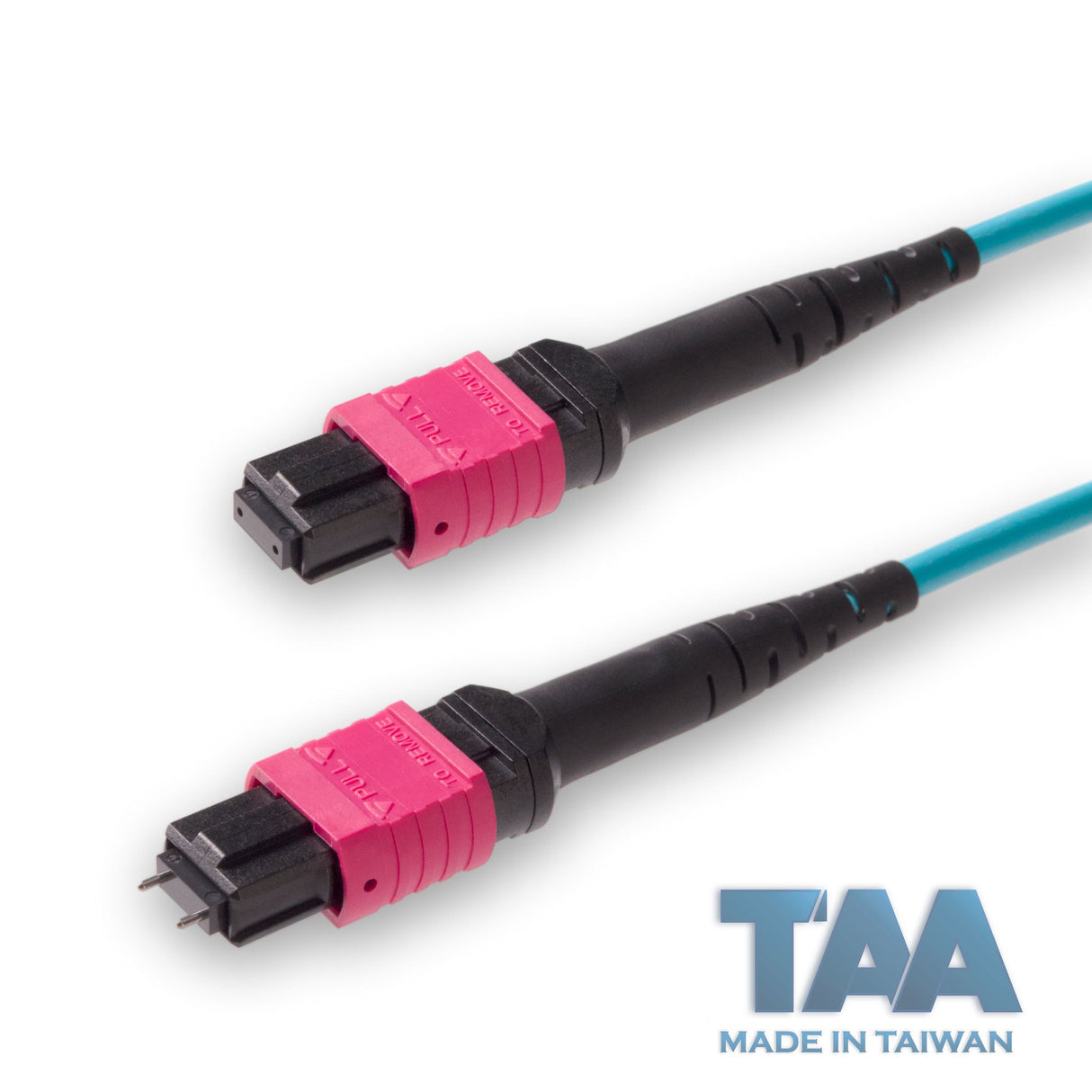 TAA Compliant | 12-Fiber Low Loss Pinned MPO/UPC to Non-Pinned MPO/UPC Jumper | Corning® ClearCurve® OM4 Multimode Optical Fiber | Type A, Magenta MPO Connectors, Aqua Cable Jacket | OFNR Jacket