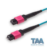 TAA Compliant | 12-Fiber Low Loss Pinned MPO/UPC to Non-Pinned MPO/UPC Jumper | Corning® ClearCurve® OM4 Multimode Optical Fiber | Type A, Magenta MPO Connectors, Aqua Cable Jacket | OFNR Jacket