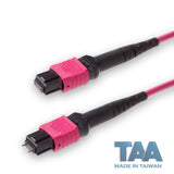 TAA Compliant | 12-Fiber Low Loss Pinned MPO/UPC to Non-Pinned MPO/UPC Jumper | Corning® ClearCurve® OM4 Multimode Optical Fiber | Type A, Magenta MPO Connectors, Magenta Cable Jacket | OFNR Jacket