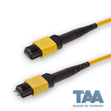 TAA Compliant | 12-Fiber Low Loss Pinned MPO/APC to Non-Pinned MPO/APC Jumper | Corning® SMF-28® Ultra Single-mode Optical Fiber | OS1/OS2 Compatible | Type A, Yellow MPO Connectors, Yellow Cable Jacket | OFNP Jacket
