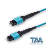 TAA Compliant | 12-Fiber Low Loss Pinned MPO/UPC to Pinned MPO/UPC Jumper | Corning® ClearCurve® OM4 Multimode Optical Fiber | Type A, Aqua MPO Connectors, Aqua Cable Jacket | OFNR Jacket