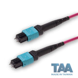 TAA Compliant | 12-Fiber Low Loss Pinned MPO/UPC to Pinned MPO/UPC Jumper | Corning® ClearCurve® OM4 Multimode Optical Fiber | Type A, Aqua MPO Connectors, Magenta Cable Jacket | OFNR Jacket