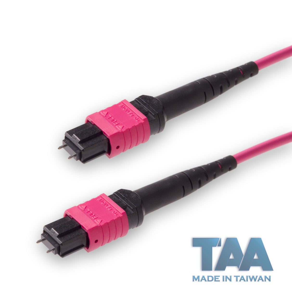TAA Compliant | 12-Fiber Low Loss Pinned MPO/UPC to Pinned MPO/UPC Jumper | Corning® ClearCurve® OM4 Multimode Optical Fiber | Type A, Magenta MPO Connectors, Magenta Cable Jacket | OFNR Jacket