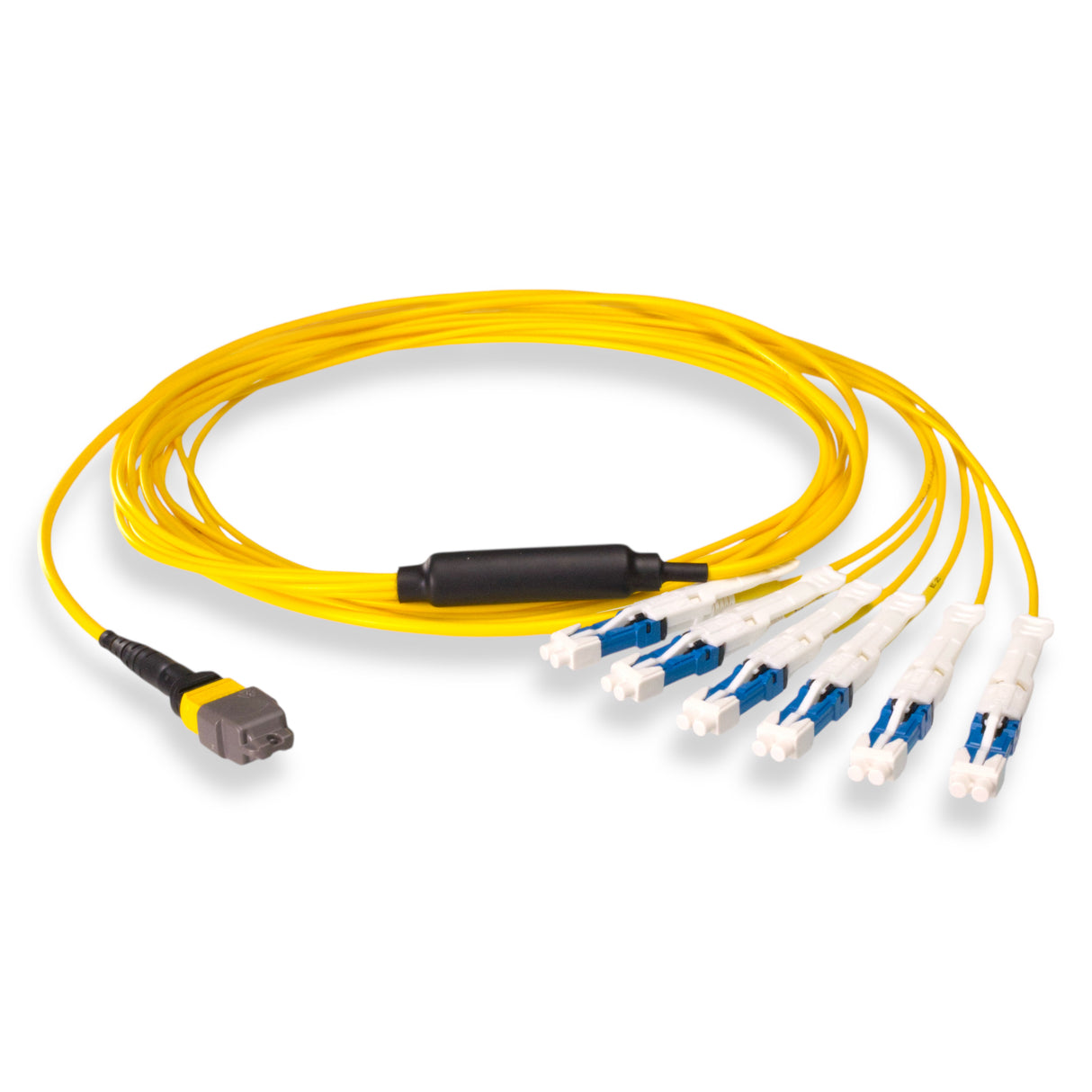 12-Fiber Non-Pinned MTP-12/APC to  6 x CS/UPC Breakout Cable | Corning® SMF-28® Ultra Single-mode Optical Fiber | OS1/OS2 Compatible | Type B, Yellow MTP Connector, Blue CS Connector, Yellow Cable Jacket | LSZH Jacket