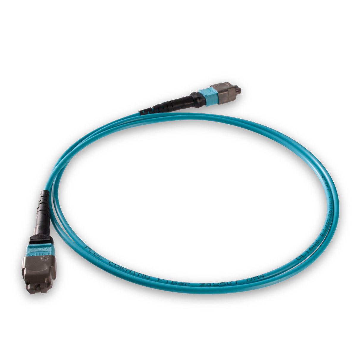 12-Fiber Elite Non-Pinned MTP® UPC to MTP® UPC Jumper with Corning® ClearCurve® OM3 Multimode Fiber, Type B polarity, Aqua MTP® connectors, and Aqua jacket, optimized for 40GBASE-SR4 and 100GBASE-SR4 multimode parallel optics in high-density data centers.