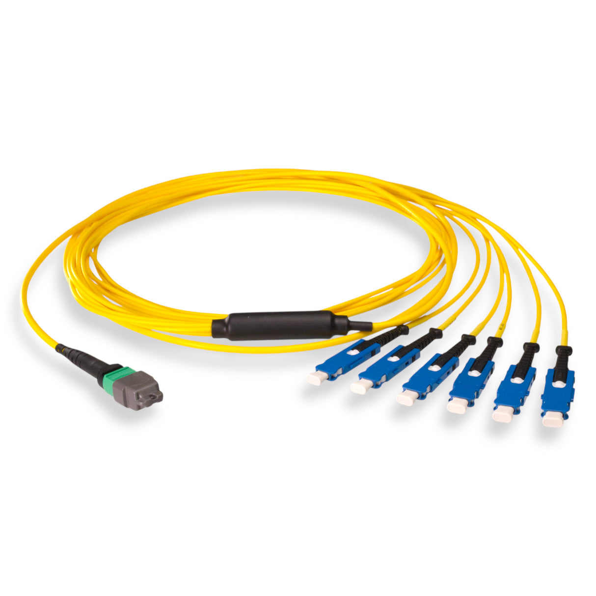 12-Fiber Non-Pinned MTP/APC to  6 x SN/UPC Fanout Cable | Corning® SMF-28® Ultra Single-mode Optical Fiber | OS1/OS2 Compatible | Type B, Green MTP Connector, Blue SN Connector, Yellow Cable Jacket | OFNR Jacket