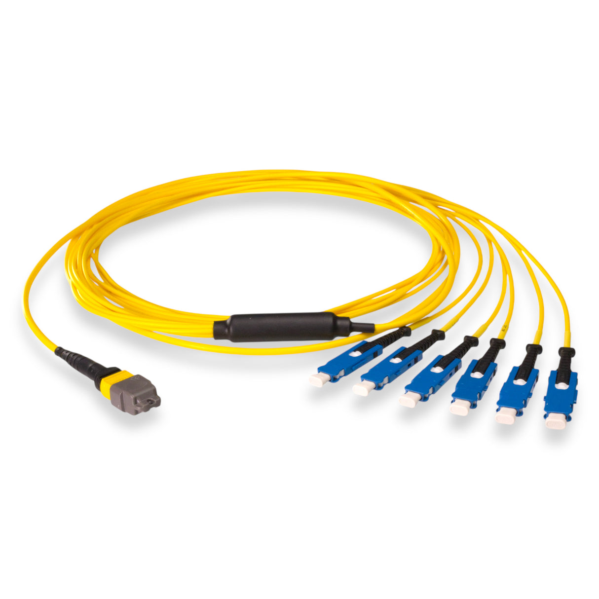 12-Fiber Non-Pinned MTP/APC to  6 x SN/UPC Fanout Cable | Corning® SMF-28® Ultra Single-mode Optical Fiber | OS1/OS2 Compatible | Type B, Yellow MTP Connector, Blue SN Connector, Yellow Cable Jacket | LSZH Jacket