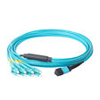 Elite Non-Pinned MTP® to 8xLC Breakout Cable with Corning ClearCurve® OM4 Multimode Fiber, featuring an Aqua MTP® Connector, Aqua Jacket, and Aqua LC Connectors, designed for high-speed 40G/100G data center applications.
