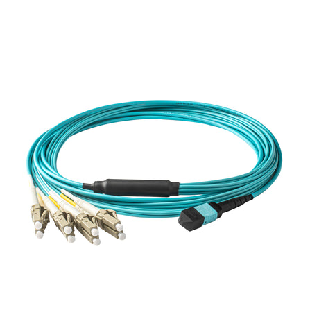 Elite Non-Pinned MTP® to 8xLC Breakout Cable with Corning ClearCurve® OM4 Multimode Fiber, featuring an Aqua MTP® Connector, Aqua Jacket, and Beige LC Connectors, designed for high-speed 40G/100G data center applications.