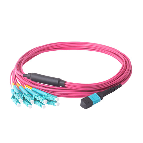 Elite Non-Pinned MTP® to 8xLC Breakout Cable with Corning ClearCurve® OM4 Multimode Fiber, featuring an Aqua MTP® Connector, Magenta Jacket, and Aqua LC Connectors, optimized for high-speed 40G/100G data center applications.