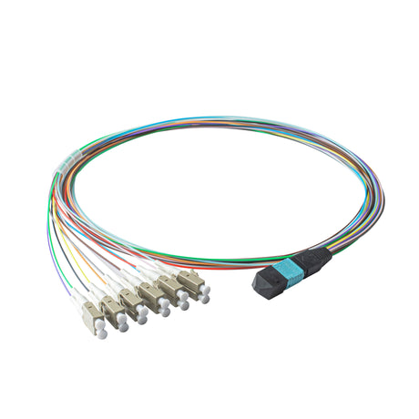 Elite Non-Pinned MTP® to 12xLC Breakout Cable with Corning ClearCurve® OM3 Multimode Fiber, featuring an Aqua MTP® Connector, 900μm 12-Colored Hytrel® Fiber Tube, and Beige LC Connectors, optimized for high-speed 40G/100G data center applications.