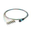 Elite Non-Pinned MTP® to 12xLC Breakout Cable with Corning ClearCurve® OM4 Multimode Fiber, featuring an Aqua MTP® Connector, 900μm 12-Colored Hytrel® Fiber Tube, and Beige LC Connectors, optimized for high-speed 40G/100G data center applications.