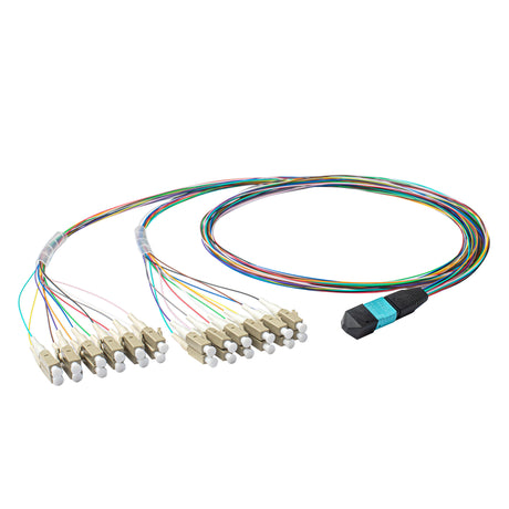 Elite Non-Pinned MTP® to 24xLC Breakout Cable with Corning ClearCurve® OM4 Multimode Fiber, featuring an Aqua MTP® Connector, 600μm 24-Colored Hytrel® Fiber Tube, and Beige LC Connectors, optimized for high-speed 40G/100G data center applications.