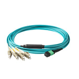 8-Fiber Elite Non-Pinned MTP-12/APC to 4 x LC/UPC Duplex QSFP Type Breakout Cable | Corning ClearCurve OM4 Multimode Optical Fiber | Type B, Green MTP Connector, Beige LC Connector, Aqua OFNP Cable Jacket