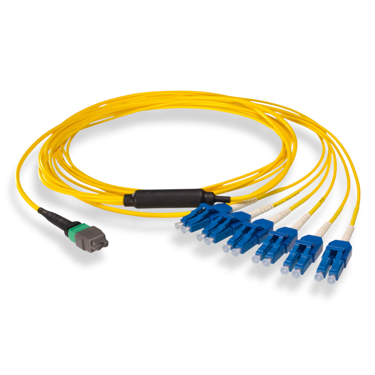 12-Fiber Elite Non-Pinned MTP/APC to 6 x LC Uniboot/UPC Duplex QSFP Type Breakout Cable | Corning SMF-28 Ultra Single-mode Optical Fiber | OS1/OS2 Compatible | Type B, Green MTP Connector, Blue LC Uniboot Connector, Yellow OFNP Cable Jacket