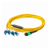 Elite Non-Pinned MTP® to 8xLC Breakout Cable with Corning® SMF-28® Ultra Fiber, optimized for high-density data centers, featuring a Green MTP® Connector and Yellow Jacket for 40GBASE-PLR4 & 100GBASE-PSM4 applications.