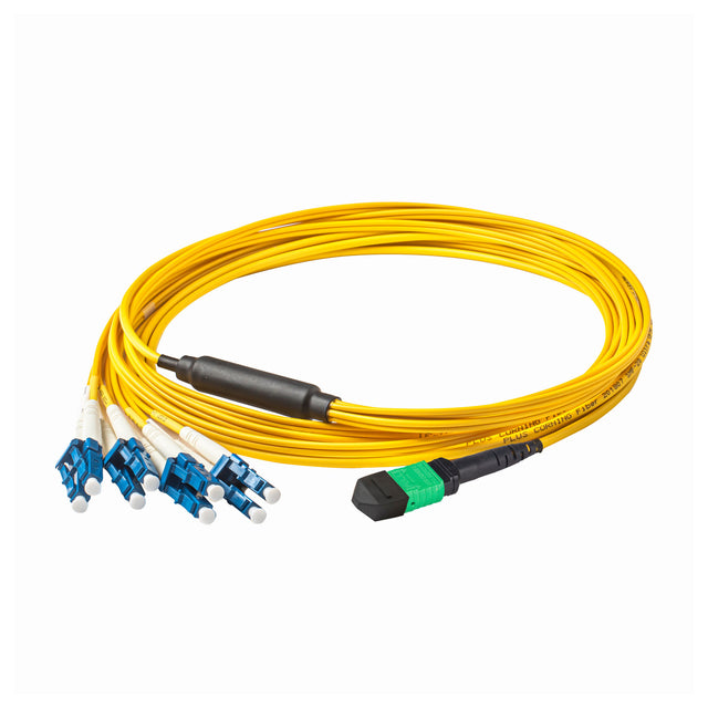 Elite Non-Pinned MTP® to 8xLC Breakout Cable with Corning® SMF-28® Ultra Fiber, optimized for high-density data centers, featuring a Green MTP® Connector and Yellow Jacket for 40GBASE-PLR4 & 100GBASE-PSM4 applications.