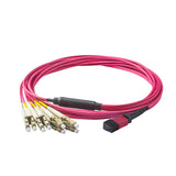 Elite Non-Pinned MTP® to 8xLC Breakout Cable with Corning ClearCurve® OM4 Multimode Fiber, featuring a Magenta MTP® Connector, Magenta Jacket, and Beige LC Connectors, optimized for high-speed 40G/100G data center applications.