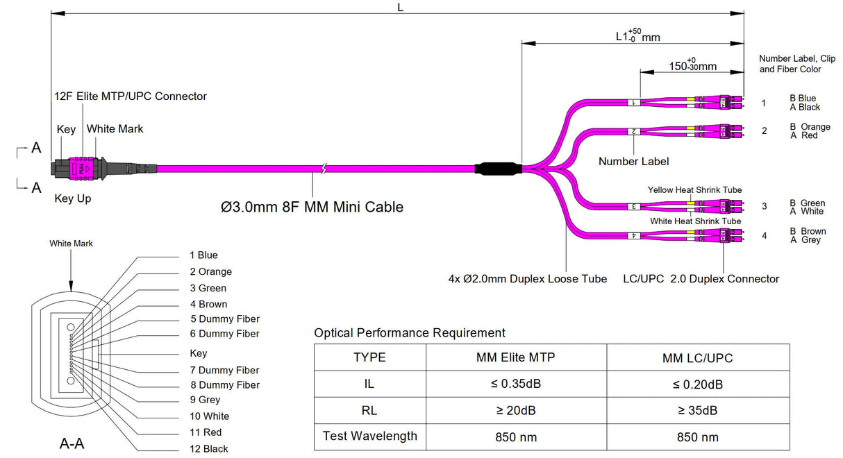 Elite Non-Pinned MTP® to 4xLC Duplex QSFP Type Breakout Cable | Corning® ClearCurve® OM4 Multimode Optical Fiber | Magenta MTP® Connector, Magenta Cable Jacket, Magenta LC Connectors | LSZH Jacket