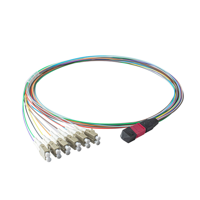 Elite Non-Pinned MTP® to 12xLC Breakout Cable with Corning ClearCurve® OM4 Multimode Fiber, featuring a Magenta MTP® Connector, 900μm 12-Colored Hytrel® Fiber Tube, and Beige LC Connectors, optimized for high-speed 40G/100G data center applications.