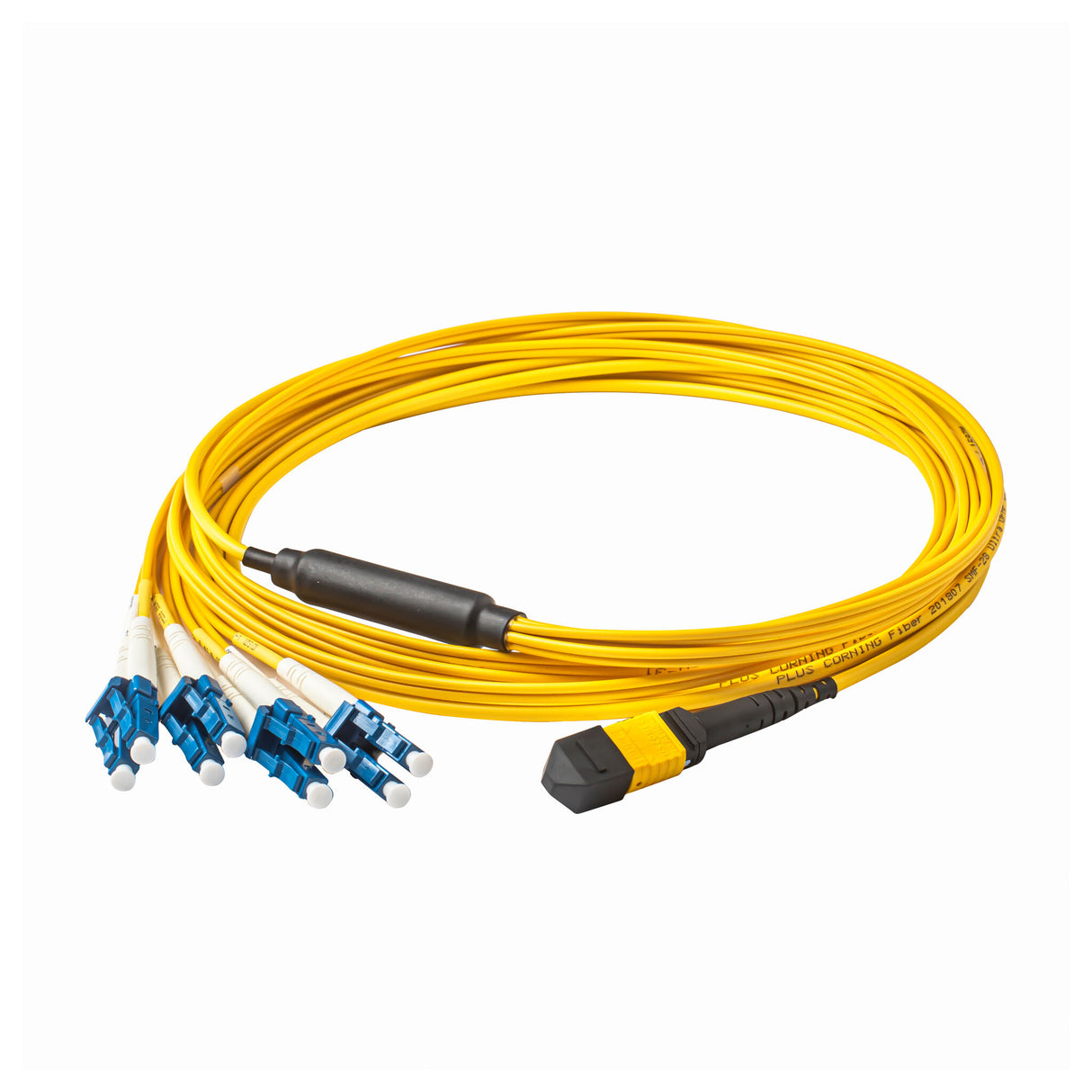 Elite Non-Pinned MTP® to 8xLC Breakout Cable with Corning® SMF-28® Ultra Fiber, optimized for high-density data centers, featuring a Yellow MTP® Connector and Yellow Jacket for 40GBASE-PLR4 & 100GBASE-PSM4 applications.