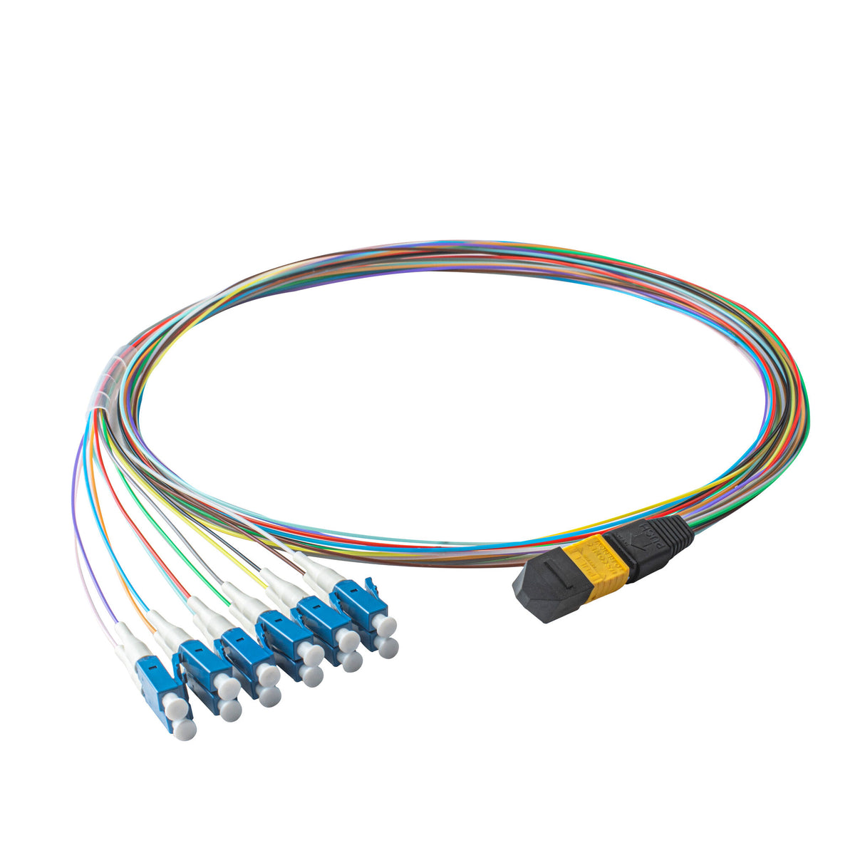 Elite Non-Pinned MTP® to 12xLC Breakout Cable with Corning® SMF-28® Ultra Fiber, optimized for high-density data centers, featuring a Yellow MTP® Connector and 900μm 12-Colored Hytrel® Fiber Tube for 40GBASE-PLR4 & 100GBASE-PSM4 applications.