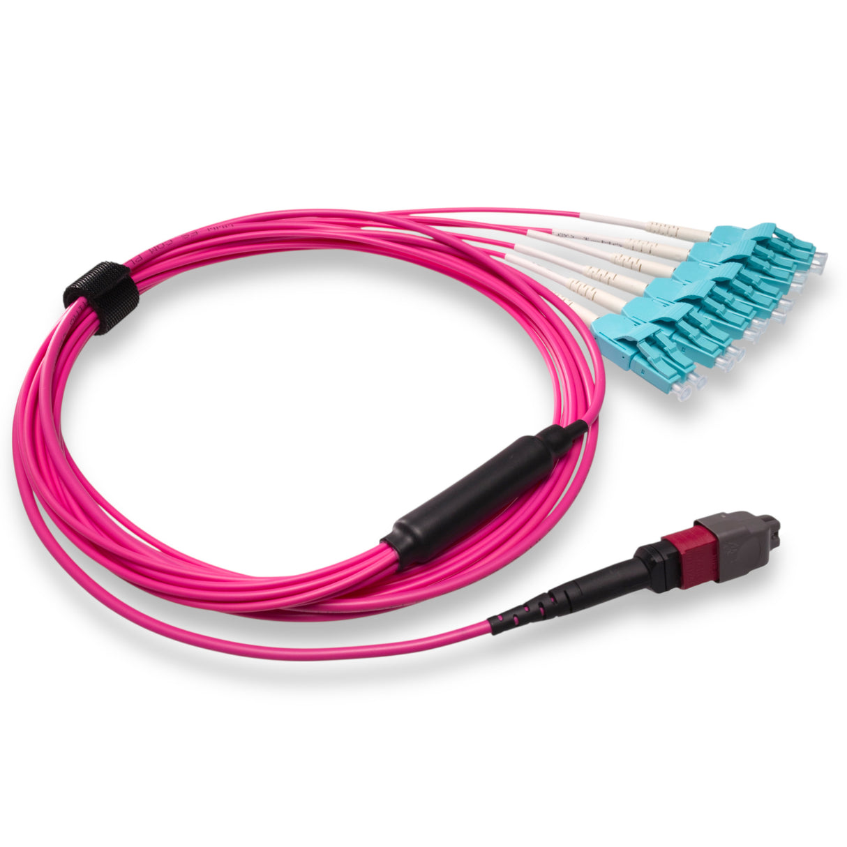 12-Fiber Elite Non-Pinned MTP/UPC to 6 x LC Uniboot/UPC Duplex QSFP Type Breakout Cable | Corning ClearCurve OM4 Multimode Optical Fiber | Type B, Magenta MTP Connector, Aqua LC Uniboot Connector, Magenta OFNP Cable Jacket
