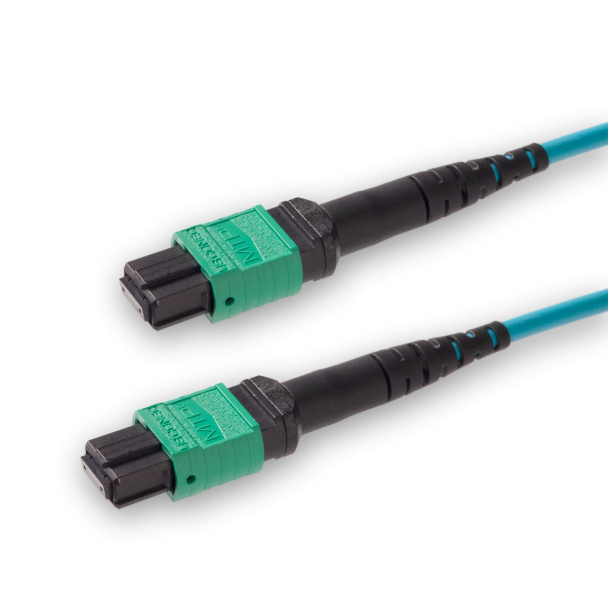 8-Fiber Elite Non-Pinned MTP®/APC to Non-Pinned MTP®/APC Jumper | Corning® ClearCurve® OM4 Multimode Optical Fiber | Type B, Green MTP®-12 Connectors, Aqua Cable Jacket | LSZH Jacket