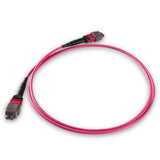 12-Fiber Elite Non-Pinned MTP® UPC to MTP® UPC Jumper with Corning® ClearCurve® OM4 Multimode Fiber, Type B polarity, Magenta MTP® connectors, and Magenta jacket, optimized for 40GBASE-SR4 and 100GBASE-SR4 multimode parallel optics in high-density data centers.