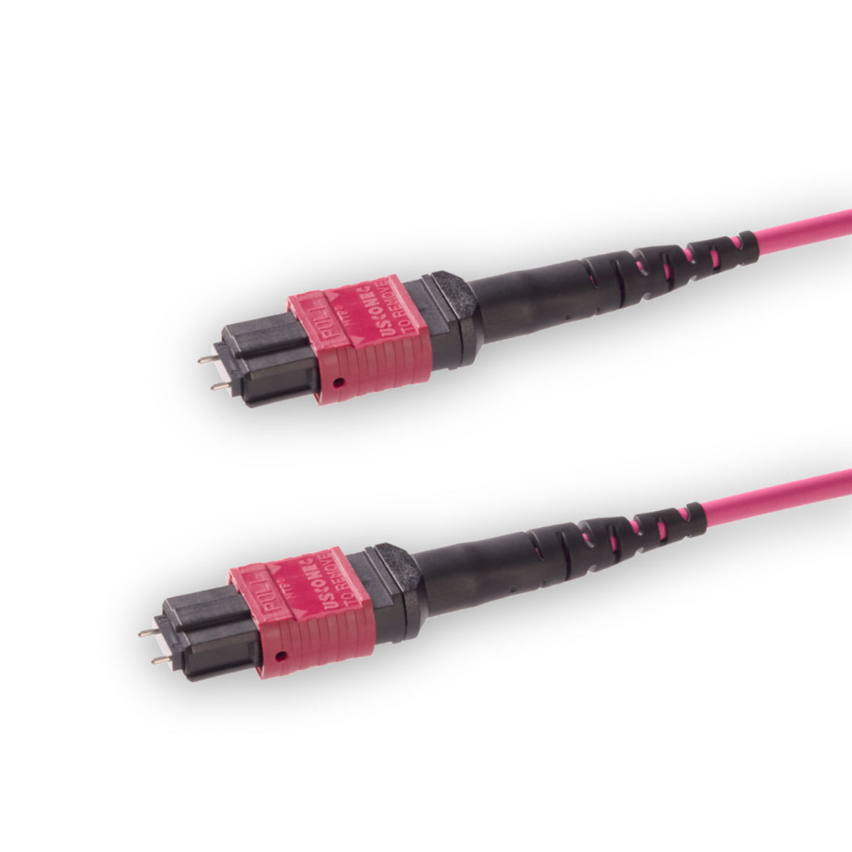 12-Fiber Elite Pinned MTP®/UPC to Pinned MTP®/UPC Jumper | Corning® ClearCurve® OM4 Multimode Optical Fiber | Type B, Magenta MTP® Connectors, Magenta Cable Jacket | OFNR Jacket