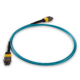 TAA Compliant | 8-Fiber Elite Non-Pinned MTP®/APC to Non-Pinned MTP®/APC Jumper | Corning® ClearCurve® OM4 Multimode Optical Fiber | Type B, Yellow MTP®-12 Connectors, Aqua Cable Jacket | OFNR Jacket