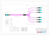 12-Fiber Non-Pinned MTP/UPC to  6 x MDC/UPC Fanout Cable | Corning® ClearCurve® OM4 Multimode Optical Fiber | Type B, Aqua MTP Connector, Aqua MDC Connector, Magenta Cable Jacket | OFNR Jacket