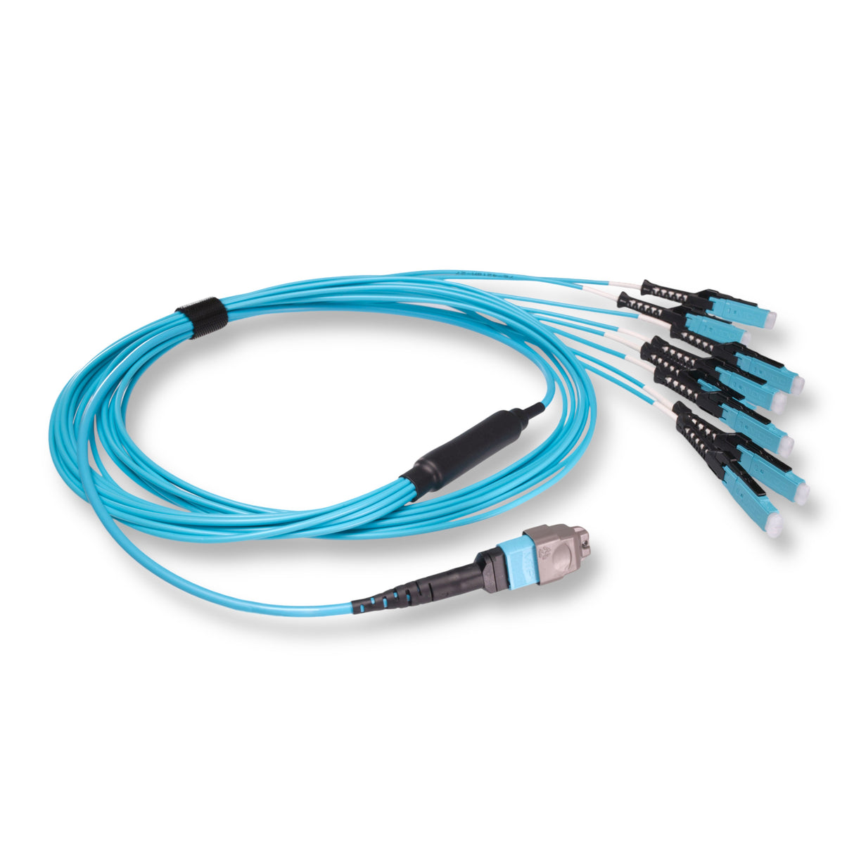 16-Fiber Non-Pinned MTP/UPC to  8 x MDC/UPC Fanout Cable | Corning® ClearCurve® OM4 Multimode Optical Fiber | Crossover, Aqua MTP Connector, Aqua MDC Connector, Aqua Cable Jacket | OFNP Jacket
