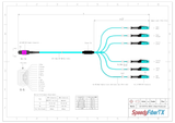 12-Fiber Non-Pinned MTP/UPC to  6 x MDC/UPC Fanout Cable | Corning® ClearCurve® OM4 Multimode Optical Fiber | Type B, Magenta MTP Connector, Aqua MDC Connector, Aqua Cable Jacket | OFNR Jacket