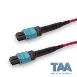 TAA Compliant | 12-Fiber Elite Non-Pinned MTP®/UPC to Non-Pinned MTP®/UPC Jumper | Corning® ClearCurve® OM4 Multimode Optical Fiber | Type A, Aqua MTP® Connectors, Magenta Cable Jacket | OFNR Jacket