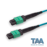 TAA Compliant | 8-Fiber Elite Non-Pinned MTP®/APC to Non-Pinned MTP®/APC Jumper | Corning® ClearCurve® OM4 Multimode Optical Fiber | Type B, Green MTP®-12 Connectors, Aqua Cable Jacket | OFNR Jacket