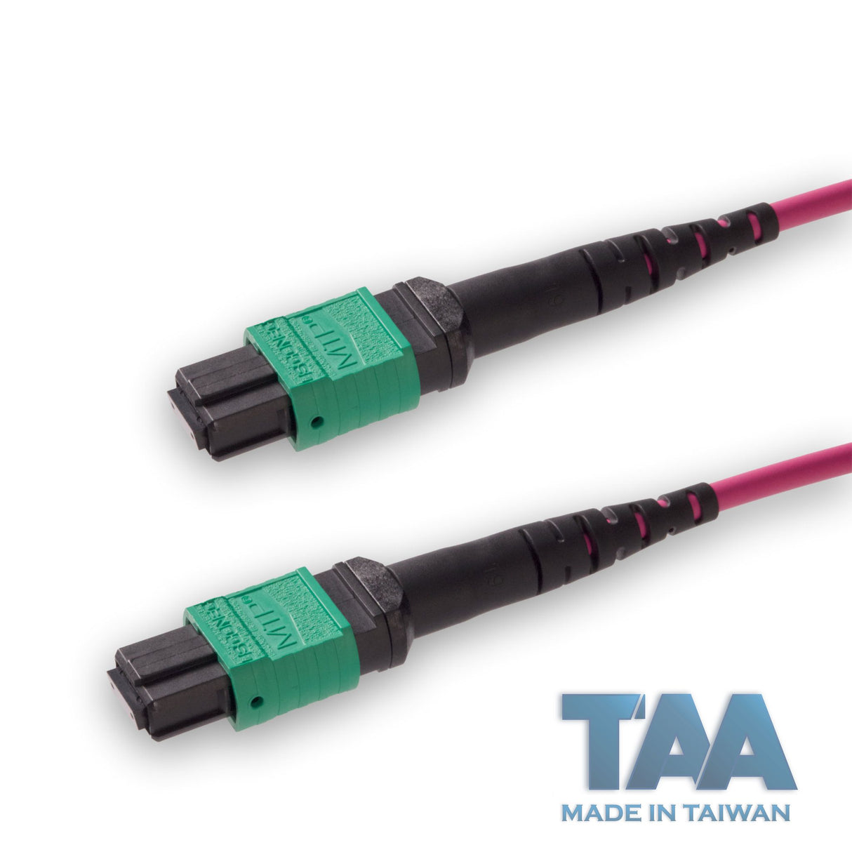 TAA Compliant | 8-Fiber Elite Non-Pinned MTP®/APC to Non-Pinned MTP®/APC Jumper | Corning® ClearCurve® OM4 Multimode Optical Fiber | Type B, Green MTP®-12 Connectors, Magenta Cable Jacket | OFNR Jacket