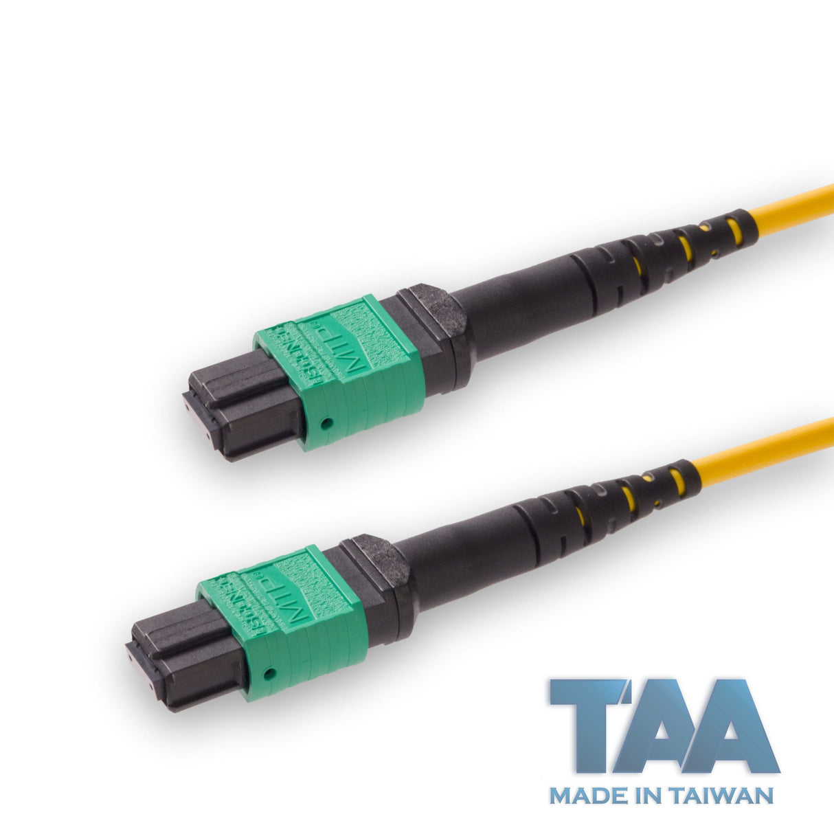 TAA Compliant | 12-Fiber Elite Non-Pinned MTP®/APC to Non-Pinned MTP®/APC Jumper | Corning® SMF-28® Ultra Single-mode Optical Fiber | OS1/OS2 Compatible | Type A, Green MTP® Connectors, Yellow Cable Jacket | OFNP Jacket
