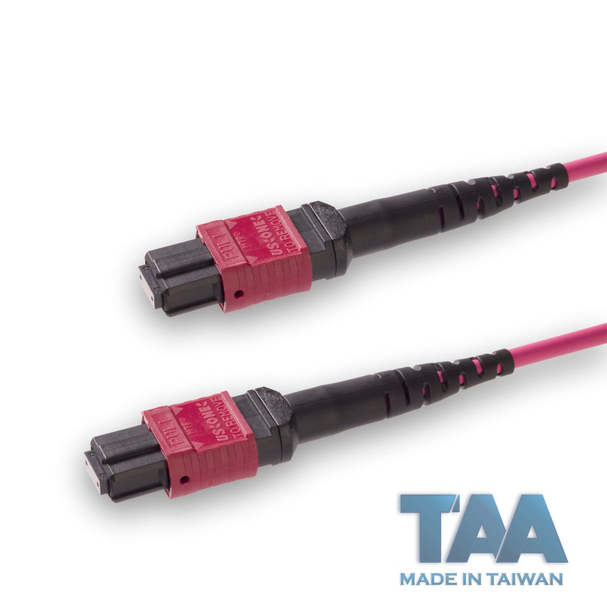 TAA Compliant | 12-Fiber Elite Non-Pinned MTP®/UPC to Non-Pinned MTP®/UPC Jumper | Corning® ClearCurve® OM4 Multimode Optical Fiber | Type A, Magenta MTP® Connectors, Magenta Cable Jacket | OFNR Jacket