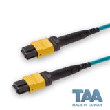 TAA Compliant | 8-Fiber Elite Non-Pinned MTP®/APC to Non-Pinned MTP®/APC Jumper | Corning® ClearCurve® OM4 Multimode Optical Fiber | Type B, Yellow MTP®-12 Connectors, Aqua Cable Jacket | OFNR Jacket